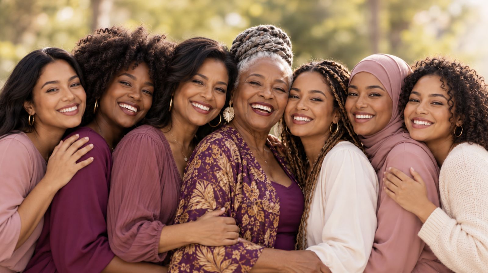 Seven women of different ages smiling and embracing outdoors