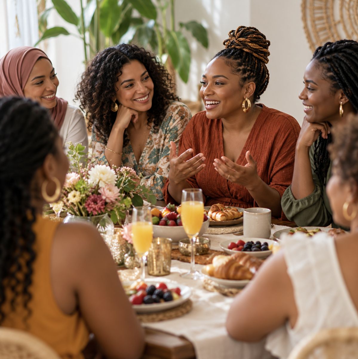 Women talking and laughing around a brunch table