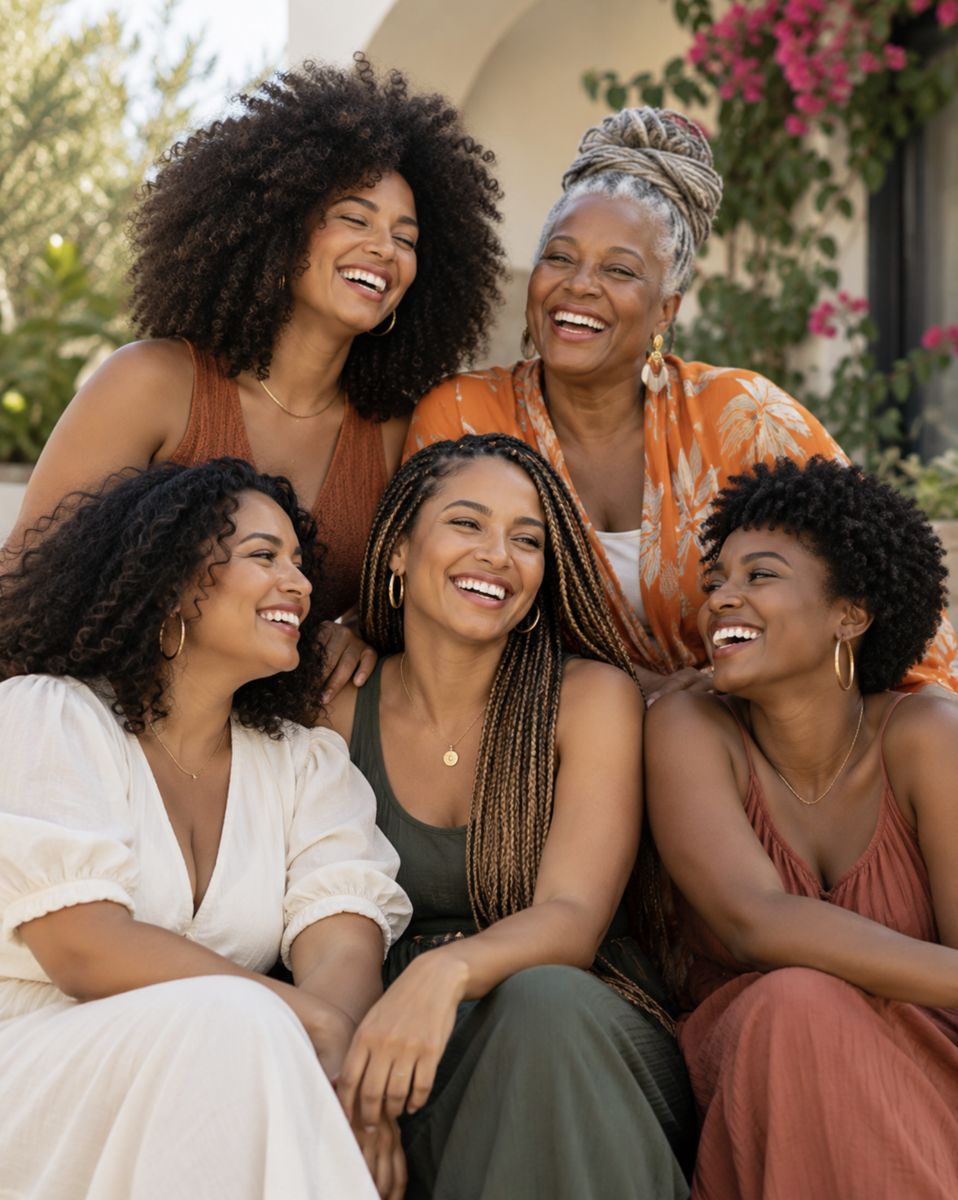 Five women of different ages laughing together outdoors