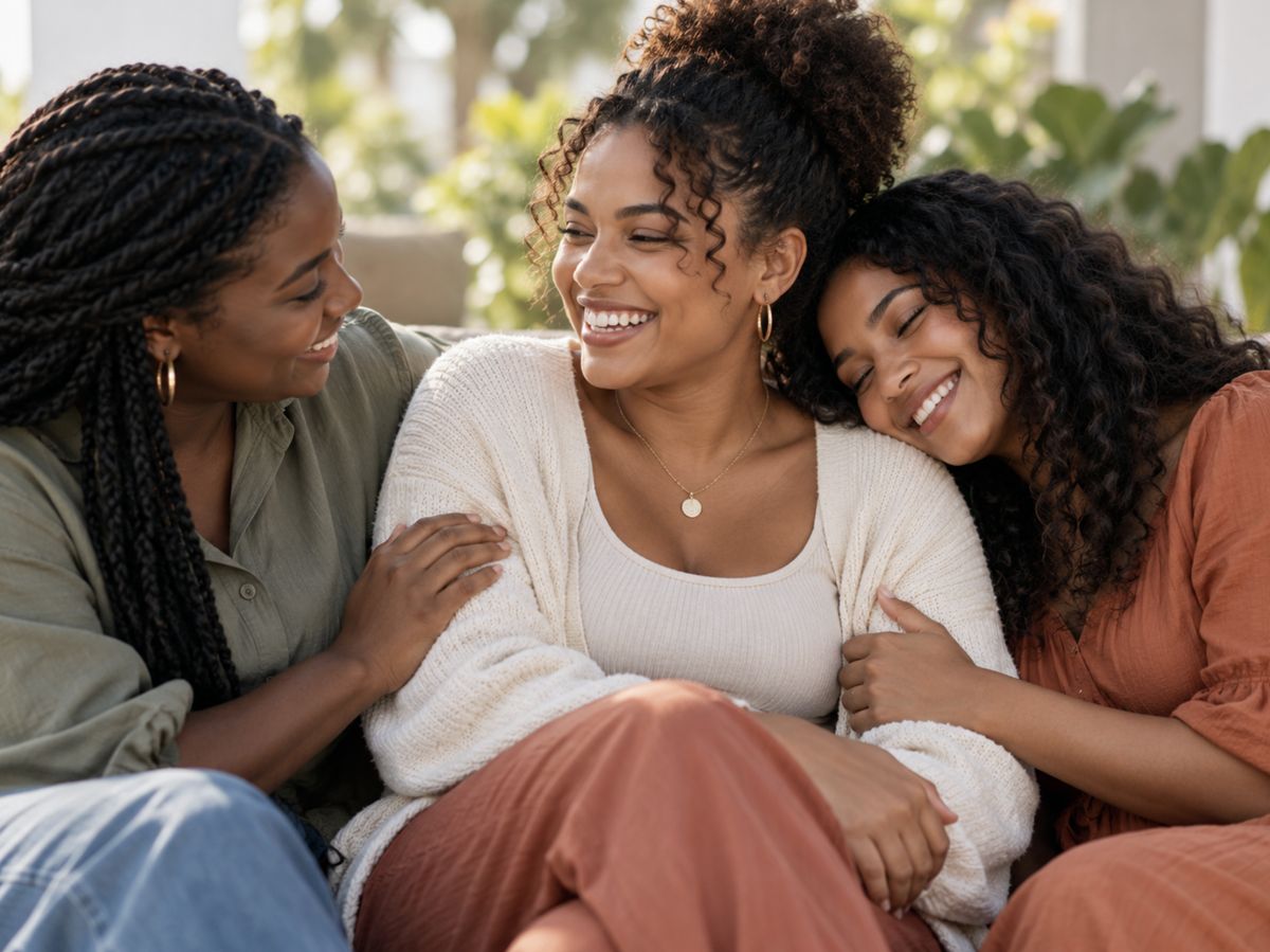 Three women embracing and smiling on a sofa