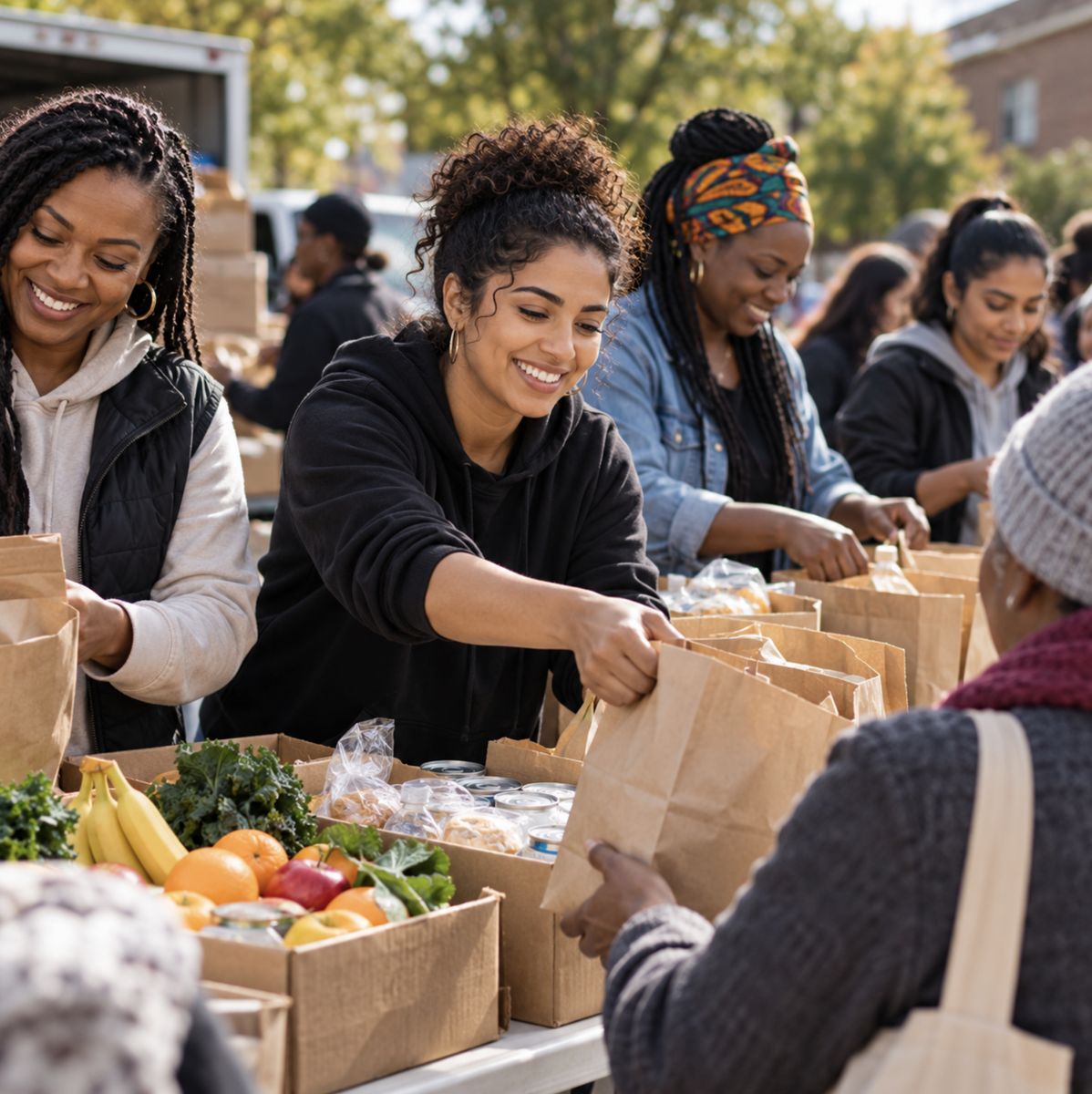 Women volunteers handing out bags of food at a community food drive