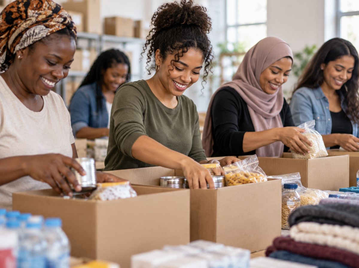 Women volunteers packing boxes of food and essentials