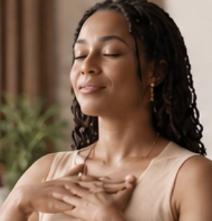 A woman with eyes closed, hands on her heart, in a calm moment